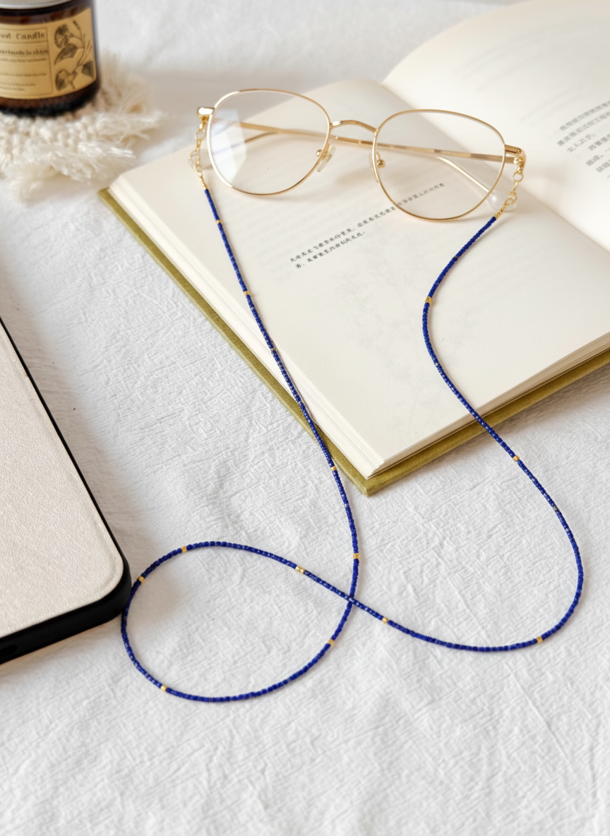 Oculux Jewelry Wisdom of the Sky – Lapis Lazuli Eyeglass Chain attached to gold-frame glasses on a white desk with an open book, symbolizing clarity, wisdom, and calm elegance.