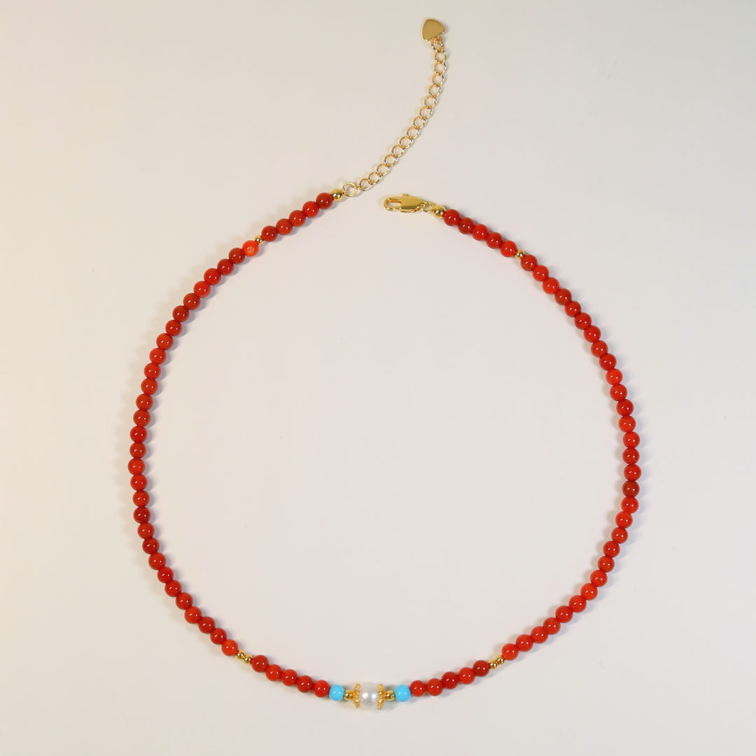 The Flame Harmony Necklace — Red Agate, Pearl & Turquoise