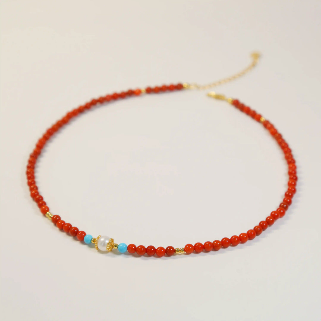 The Flame Harmony Necklace — Red Agate, Pearl & Turquoise