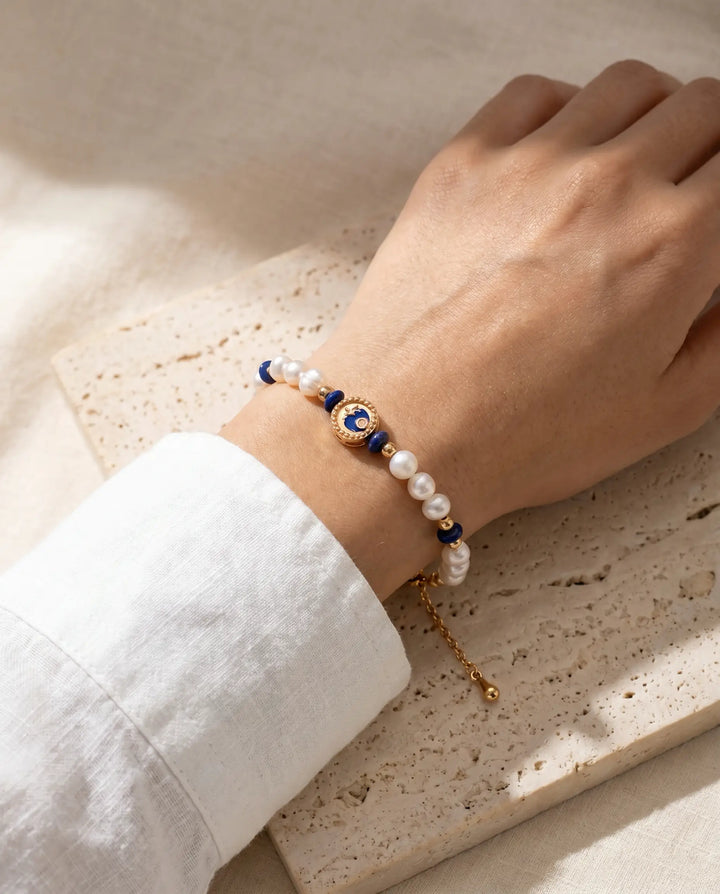 Celestial Oracle – Lapis Lazuli & Pearl Moon Bracelet