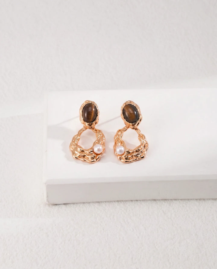 Pharaoh’s Vision – Tiger’s Eye & Pearl Earrings