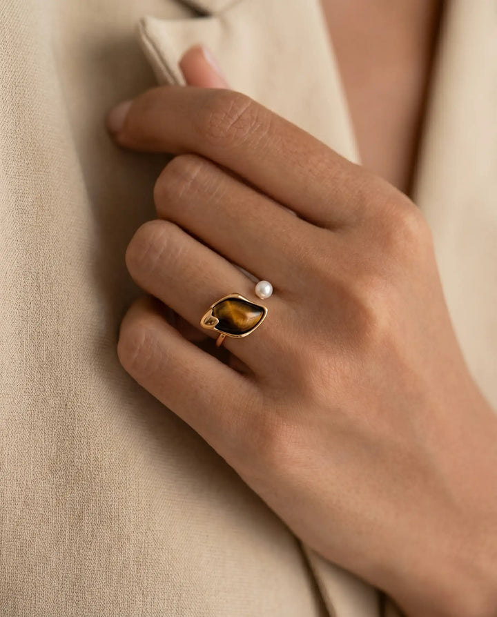 Pharaoh’s Vision – Tiger’s Eye Leaf Open Ring