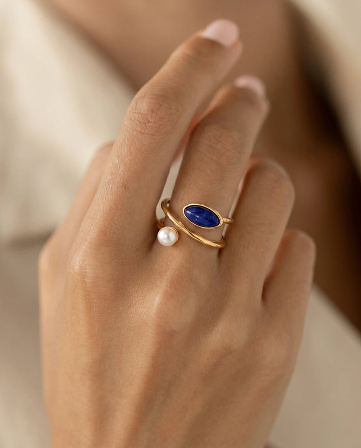 Wisdom of the Sky – Lapis Lazuli & Pearl Balance Ring