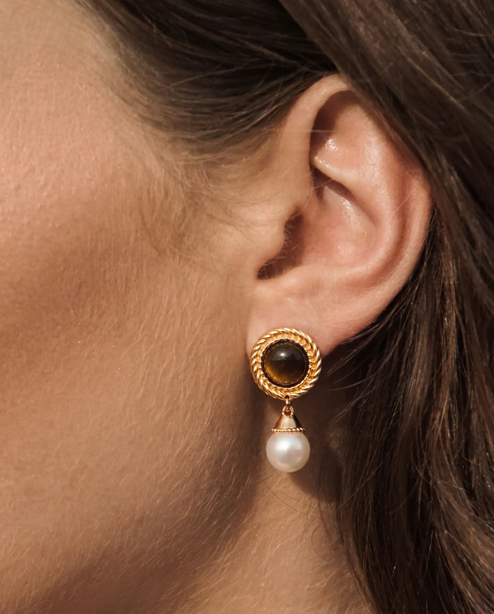 Pharaoh’s Vision – Tiger Eye & Pearl Drop Earrings