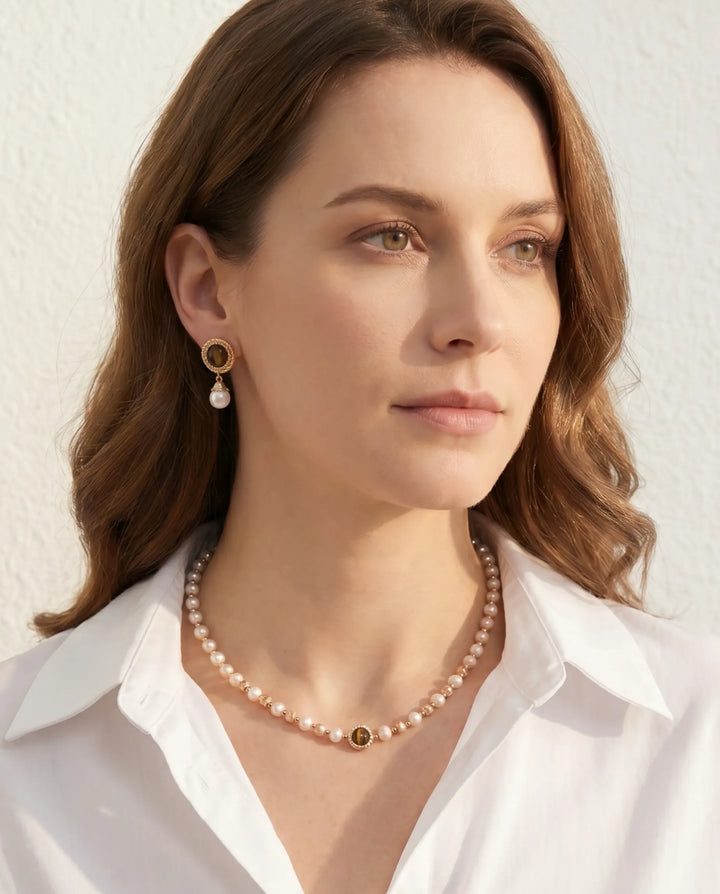 Pharaoh’s Vision – Tiger Eye & Pearl Drop Earrings