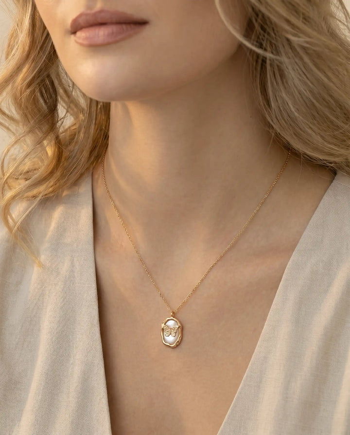 Whispers of the Sea – Mother of Pearl Butterfly Pendant Necklace