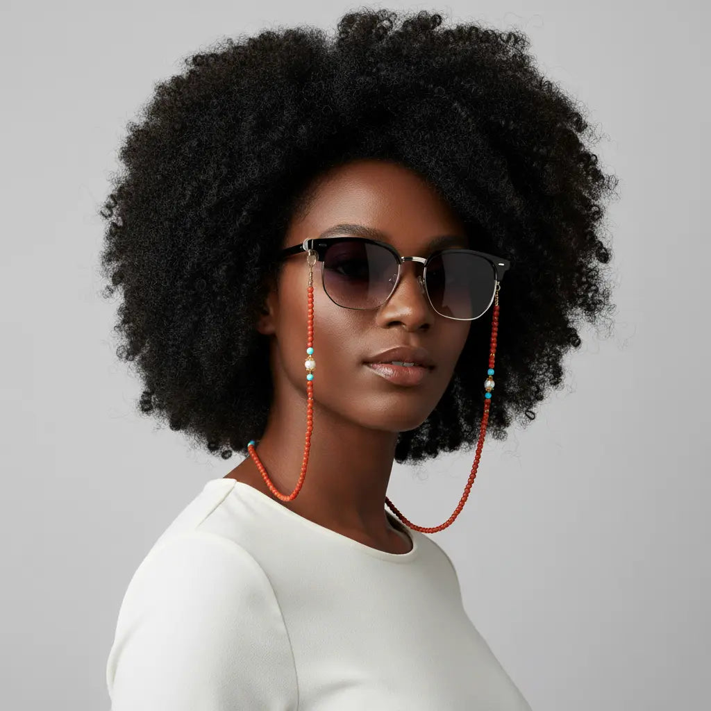 Model wearing the Flame of Vitality red agate eyewear chain attached to glasses, radiating energy and refined elegance by Oculux Jewelry.