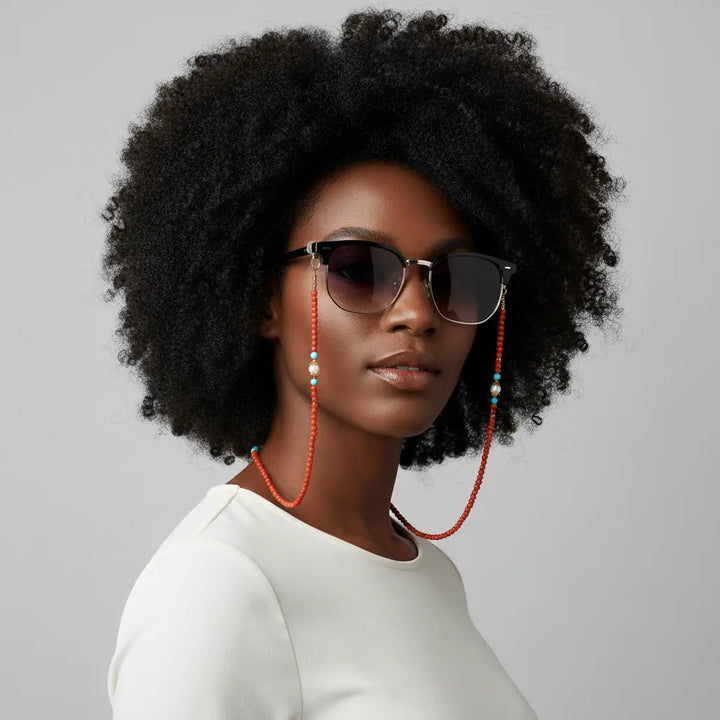 Model wearing the Flame of Vitality red agate eyewear chain attached to glasses, radiating energy and refined elegance by Oculux Jewelry.