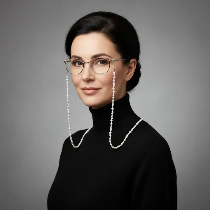 Model wearing the Eternal Grace baroque pearl eyewear chain attached to glasses, handmade and timelessly elegant by Oculux Jewelry.