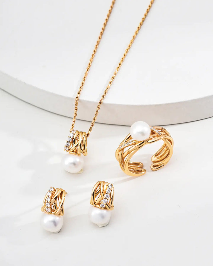 Radiant Knot pearl jewelry set with earrings necklace and ring