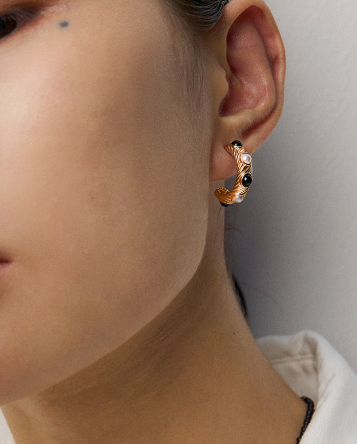 Guardian’s Grace – Black Agate Halo Earrings