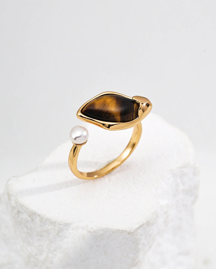 Pharaoh’s Vision – Tiger’s Eye Leaf Open Ring