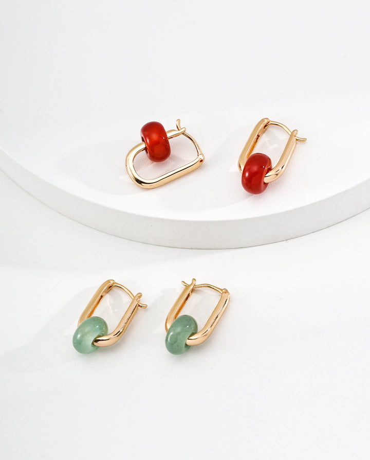 Flame of Vitality – Red Agate / Green Aventurine Drop Hoop Earrings