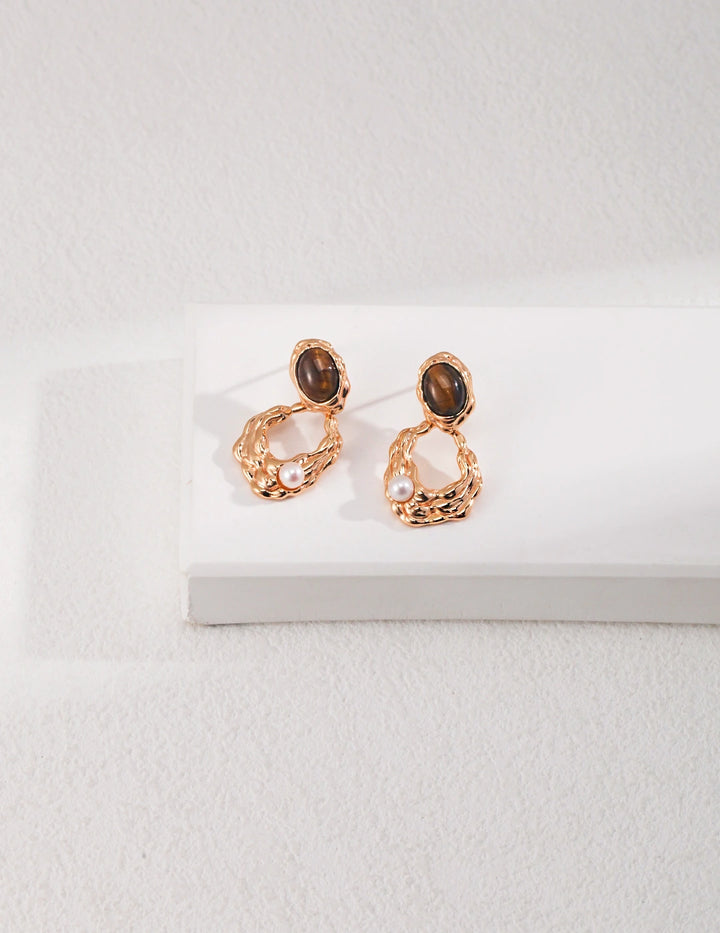 Pharaoh’s Vision – Tiger’s Eye & Pearl Earrings