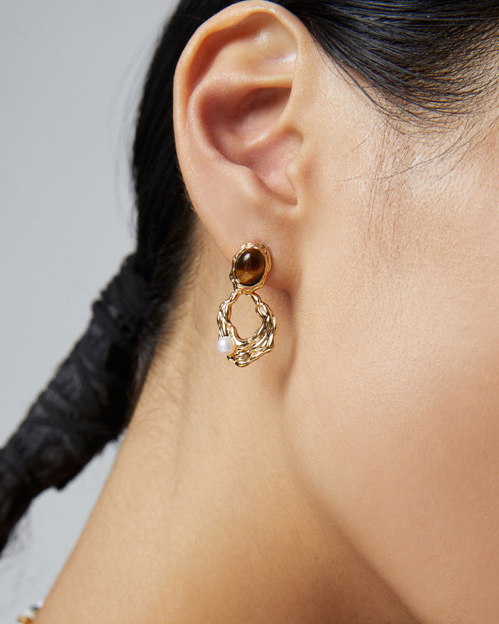 Pharaoh’s Vision – Tiger’s Eye & Pearl Earrings