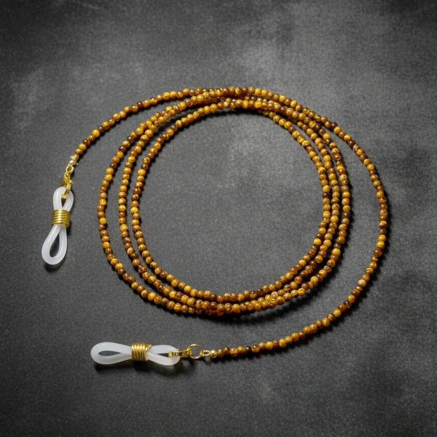 Tiger eye eyeglass chain 2mm lightweight version displayed on soft background, handmade minimalist design crafted by Oculux Jewelry.