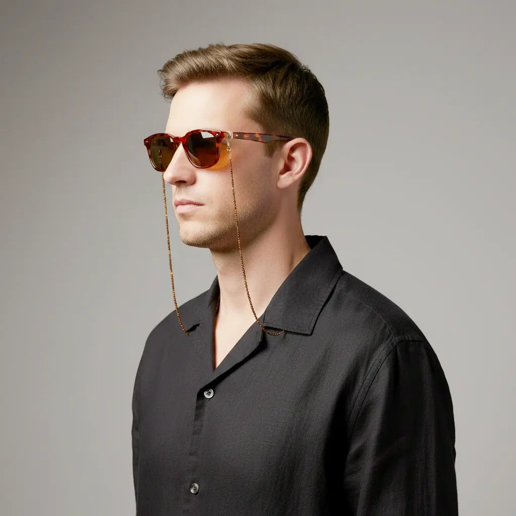 Model wearing the Pharaoh’s Vision tiger eye eyewear chain attached to glasses, reflecting strength, focus, and natural elegance by Oculux Jewelry.