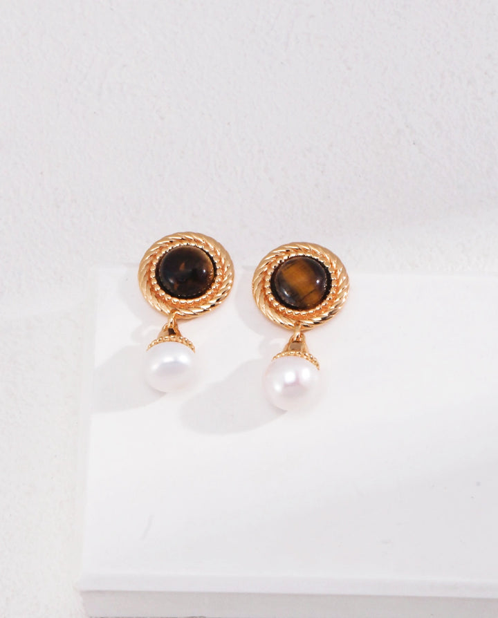 Pharaoh’s Vision – Tiger Eye & Pearl Drop Earrings