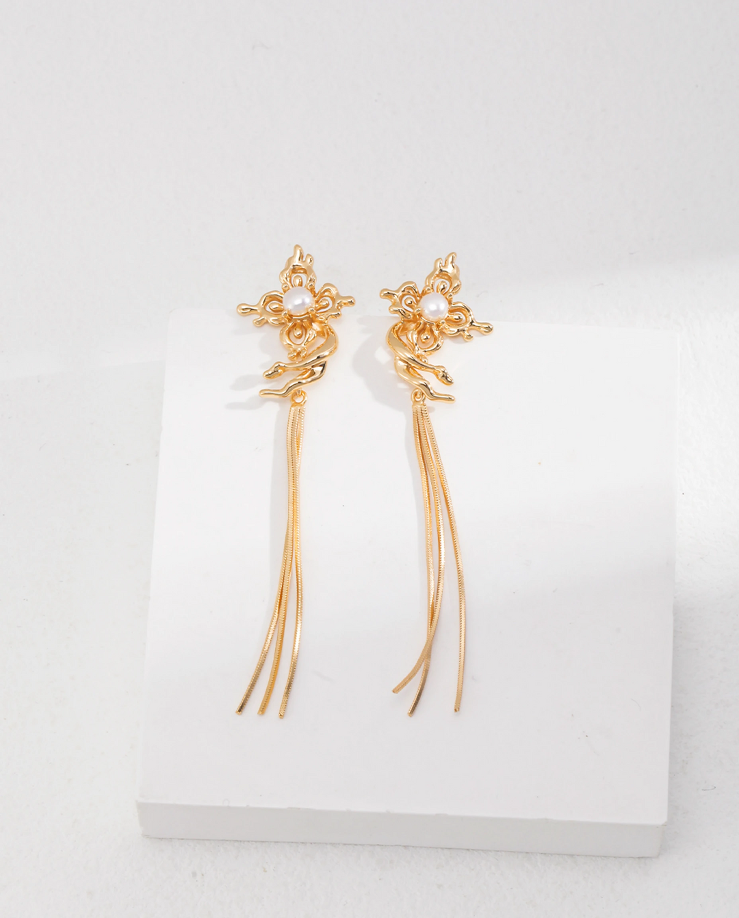 Ethereal Wings – Butterfly Tassel Pearl Earrings