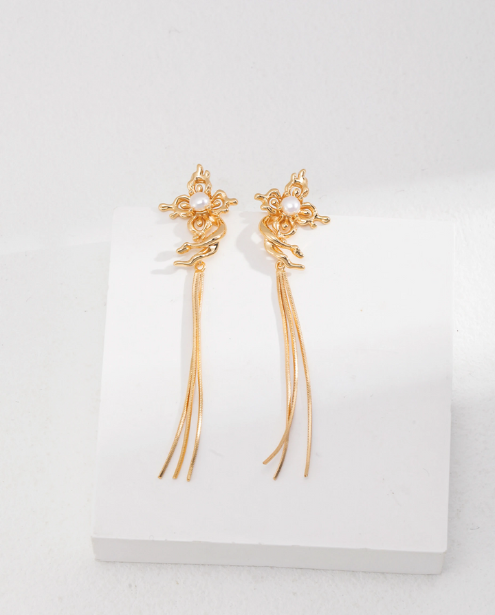 Ethereal Wings – Butterfly Tassel Pearl Earrings